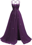 Pbong  Lace Applique Sparkly Tulle Prom Dresses for Women with Slit Spaghetti Straps Backless A Line Long Ball Gown