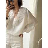 Pbong  Flower Embroidery Shirt for Women Long Sleeve V Neck Blouses Chic Korean Vintage Blouse Tops Female