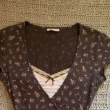 Pbong  Y2k Print Floral T Shirt For Women Spring Summer Vintage Ropa De Mujer Japanese Style V Neck Bandage Versatile Tees