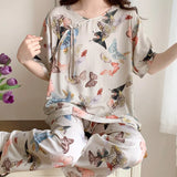 Pbong  Summer New Arrived Retro Pajamas Women Floral Printing Night Suit Female Short Sleeve Sleepwear For Sleeping Pyjama Night Wear