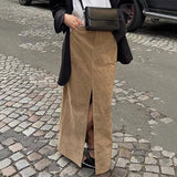 Pbong  New Autumn/Winter Vintage Suede Half Skirt for Women Elegant Commuting Brown Slit Straight Suit Skirt High Waist Long Skirt
