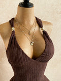Pbong  Brown Textured Halter Mini Dress with V-Neck and Waist Chain Detail