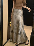 Retro Tie Dye Satin Long Skirts Women Elegant Korean Vintage Slim Trumpet Skirt Casual Summer Sweet Comfortable Long Skirt