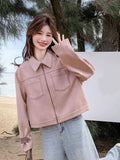 Pink Y2K Faux Suede Jacket Women Vintage Streetwear Long Sleeve Loose Coat Korean Casual Harajuku Fall Winter Outwear Tops