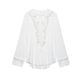 Elegant Casual Ruffles Lace-up Shirts Women Fashion Loose Long Sleeve V Neck Summer Blouse Lady Lightweight Holiday Tops 2025