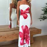 Off-shoulder Print Sexy Maxi Dress Women Gown Summer New Strapless Sleeveless Backless Bodycon Long Dress Elegant
