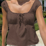 Women Fairy Grunge Babydoll Tops Y2k Lace Trim Short Sleeve T-shirt Korean Aesthetic Cute Square Neck Crop Top Milkmaid Blouses