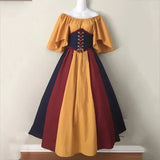 Pbong  Halloween Costumes for Women Medieval Retro Contrasting Color Slim Swing Dress One-word Shoulder Dress Love Live Cosplay