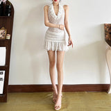 Pbong  Sexy Deep V-Neck Halter Mini Dress Women Summer New Backless Skinny Ruffled Vestidos New Vacation Vogue Solid Lace Dress