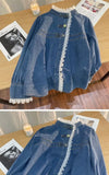 Fashion Lace Denim Shirt Women Clothing Autumn/Winter Retro Loose Casual Jackets Ruffled Collar Long Sleeve Blouses Women Tops