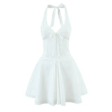 Pbong  Sexy Deep V Halter White Mini Dress Women Fashion Backless A-line Elegant Party Dresses Summer Robe Lace Up Vestidos