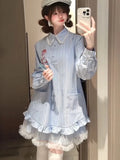 Lace Patchwork Striped Dress Women Sweet Floral Embroidery Mini Dress Fall Preppy Style Long Sleeve Cute Korean A Line Dress New