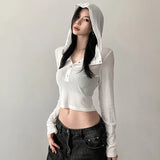 Hooded Long Sleeve Crop Tops Sheer Knit White Casual Shirts for Women Korean Fashion Clothes