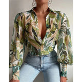 Pbong  Office ladies elegant top, fashionable button up long sleeved shirt, retro women's printed lantern sleeve shirt