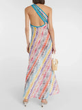 Pbong  Colorful Print Dresses for Women Diagonal Collar Spliced Hollow Out Sleeveless High Waist Split Dress Female Autumn