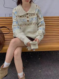 Woman Fair Isle Sweater Polo Collar Button Front Cozy Knit Pullvers Jumper Female Autumn Winter Preppy Vintage Outfit
