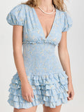 Pbong  GypsyLady Floral Printed Chic Boho Mini Dresss Cotton V-neck Ruffles Blue Holiday Women Tiered Ladies Party Dresses Vestidos New
