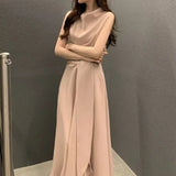 Pbong  Korean Chic Sleeveless Wrap Waist Dress Women's Citywalk Polyester Fiber Versatile Style Midi Dress Elegant Choker Design