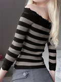 Pbong  Women Long Sleeve Knit Tops Off-Shoulder Striped Casual Pullovers Sweater Fall Shirts  Y2K Aesthetic Clothes Streetwear