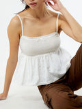 Women Spaghetti Strap Babydoll Tank Top Y2k Vintage Floral Smocked Backless Ruffled Hem Crop Top Going Out Cami Tops