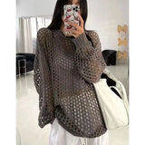 Oversized Crochet Top for Women Long Sleeve Crew Neck Casual Open-knit Sweater Pullovers Top Teen-girl Grunge Y2K Outfit