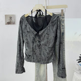 Destressed Two Piece Set Lace-up Cardigan with Cami Women's Y2K Grunge Crop Long Sleeve Criss Cross Knit Tops Acubi Outfit