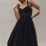 Women Patchwork High Waist Party Dress New Luxury Mesh Suspender Folds A-line Dress Temperament Polka Dot Slim Long Dress