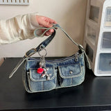 Pbong  Stylish Washed Denim Messenger Bag, Y2K Style Underarm Purse with Balloon Dog Charm Commuter Handbag Shoulder Bag for Women