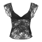 Fairy Coquette Tank Top y2k Women Sheer See Through V Neck Sleeveless Double Layered T Shirt Lace Vest Club Streetwear