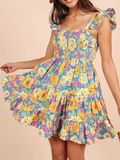 Pbong  Flower Printed Chic Mini Dress Flying Sleeve Backless Ruffles Women Dresses Sexy Holiday Floral Party Ladies Vestidos