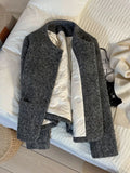 Winter Faux Woolen Gray Coat Women Vintage Thick Warm Long Sleeve Slim Jacket Casual O Neck Female Korean Elegant Retro Top