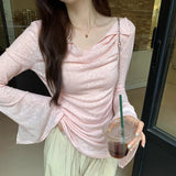 Pbong  Women Clothing Summer Sun Protection T Shirts Flare Sleeve All Match Slim Fit Tees Fashion Tunic Pleated Tshirt