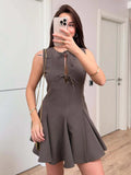Pleated Tank Mini Dress For Women Bows Lace Up Hollow Sleeveless A-line Dress Fashion Commuting Clothes Solid Lady Dress