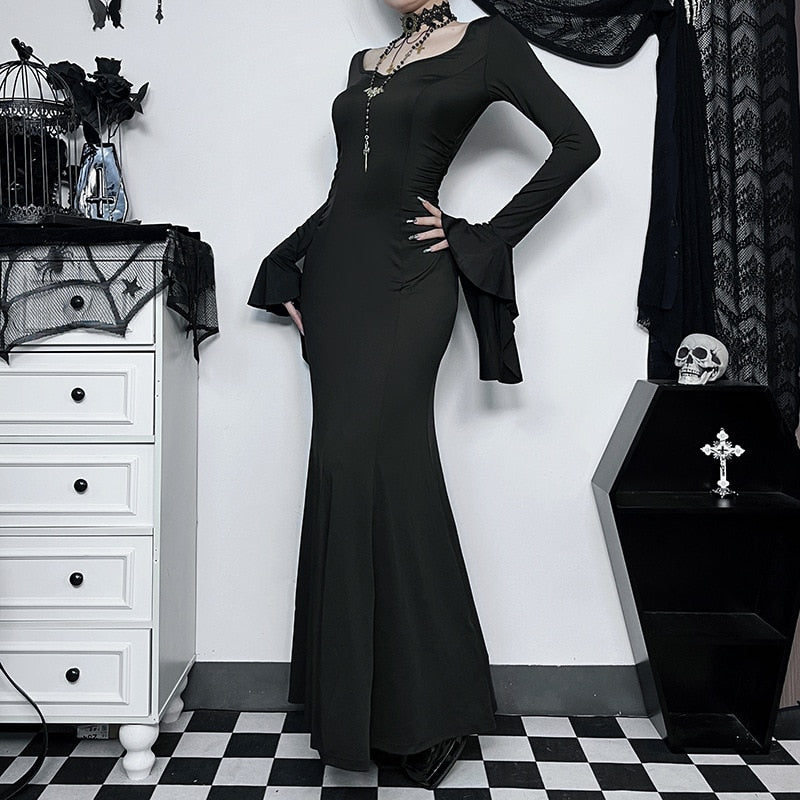 Halloween Gothic Dark Party Dress Women Aesthetic Vintage Elegant Nightclub Long Sleeve High Waist Trumpet Dress Female