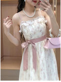 2025 Summer French Sweet Floral Sling Dress Women Bow Tie Mesh Slim Fit Dresses Korean Elegant A-Line Casual Fashion Clothing