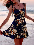 Pbong  Outdoor Parties Elegant Navy Floral Slip Dress for Women Square Collar Ruffled Hem A Line Skirt for Music Festivals