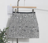 Pbong  New Autumn Winter Women Sequins Mini Skirts Waist Back Zipper Solid Color Above Knee Non Stretch Slim A Line Bling Skirt