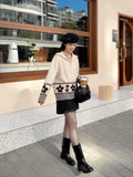 Half Zipper Knit Cardigan Sweater Women Pullovers Cozy Loose Sweater Jacket Collared Long Sleeve Floral Print Fall Winter Outfit