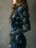 Lunivop  Autumn Women's Clothing Velvet Blouse With Lace Floral Print V Neck Long Sleeve Elegant Top For Woman Slim Fit Bell Cuff