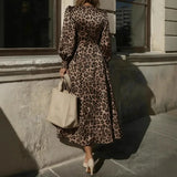 Pbong  Sexy V-neck Leopard Print Lantern Sleeve Zipper Shirt Dress Long Dress Women's Fashion Spring Autumn Clothing High Waist A- li..