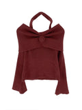 Autumn Winter American Halter Draped Flower Design Sweaters Y2k Korean Simple All Match Slim Pullovers Off The Shoulder Clothes
