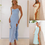 Chic Ruffle Slit Vacation Long Dress Chiffon Solid Color Twisted Slim Slip Dress 2025 New Summer Fashion Beach Woamn Clothing