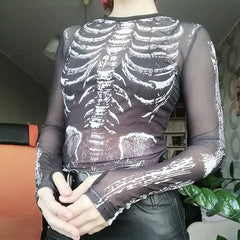 Skeleton Print Mesh Mall Gothic Women T-shirts Grunge Aesthetic See Through Sexy Crop Tops Emo Black egirl Alt Clothes