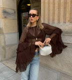 Pbong  Chiffon Loose Shirt For Women Sexy See-Through Ruffles Sleeve Blouse New Summer Chic Fashion Solid Casual Round Neck Shirts