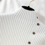 Ribbed Knit Top for Women Pullovers Button Decor Mock Neck Sweater Stretchy Long Sleeve Fitted Jumper Teen-girl Fall Winter