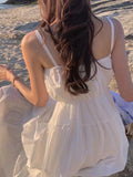 Pbong  White Strapless Summer Dress Women's Chic Loose Waist Long Skirt Korean Style Commute Pure Color Holiday A-Line Gown