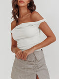 Women Off Shoulder Top Sleeveless Twist Strap Tank Tops Slim Fit Stretch Ruched Crop Top Casual Slim Fit Shirts Streetwear