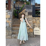 Pbong  Women's Light Green Sleeveless Halter Maxi Dress Ruffle Tiered Loose Chiffon Casual Summer Beach Party Long Dress