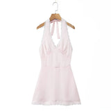 Pbong  Lace Spliced Polka Dot Halter Dress Women Elegant A-line Mini Sexy Backless Dresses Summer Robe
