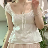Women Fairy Grunge Babydoll Tops Y2k Lace Trim Short Sleeve T-shirt Korean Aesthetic Cute Square Neck Crop Top Milkmaid Blouses